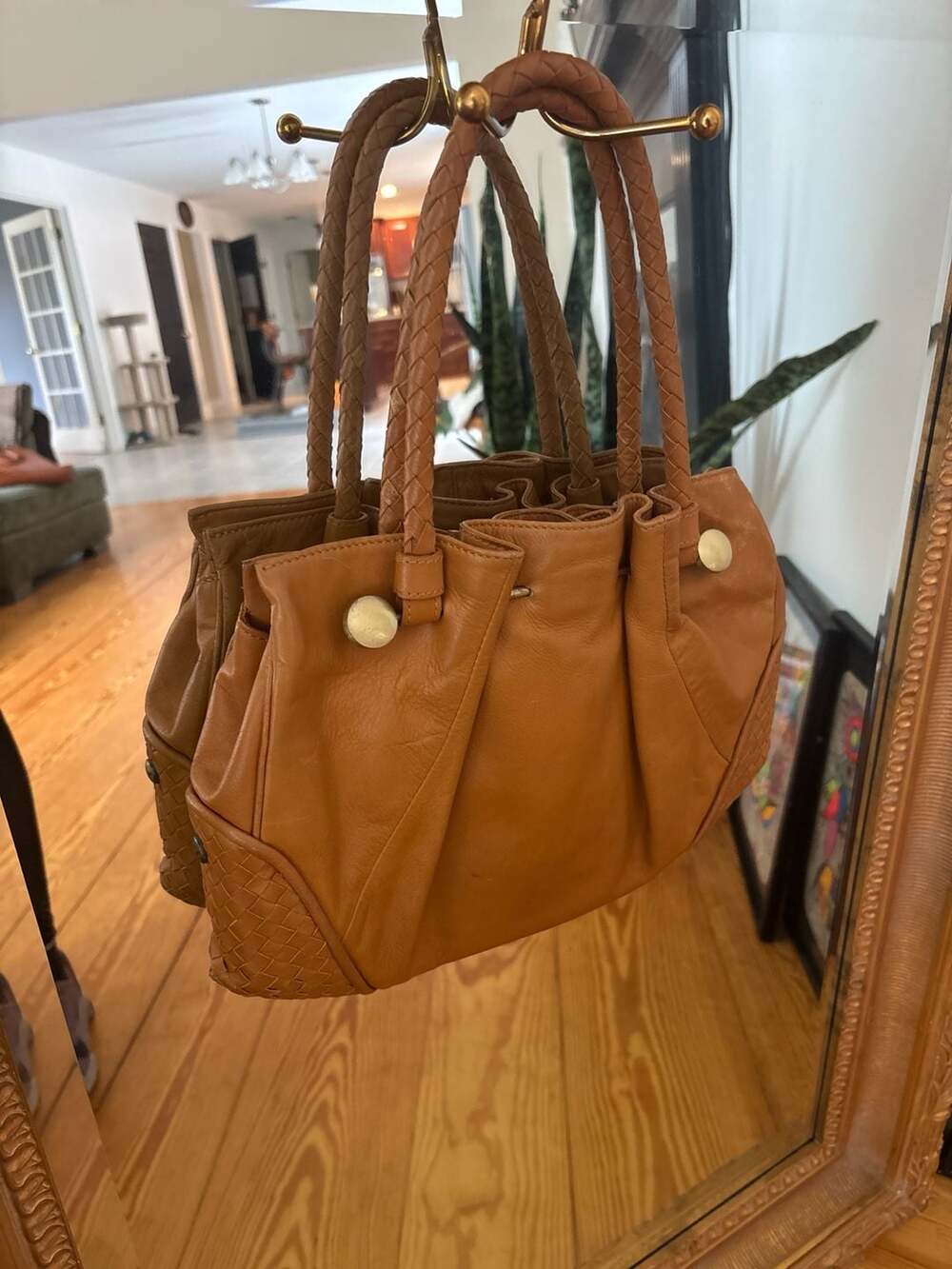 Via Spiga Tan Leather Handbag with Braided Handles and Woven Detail